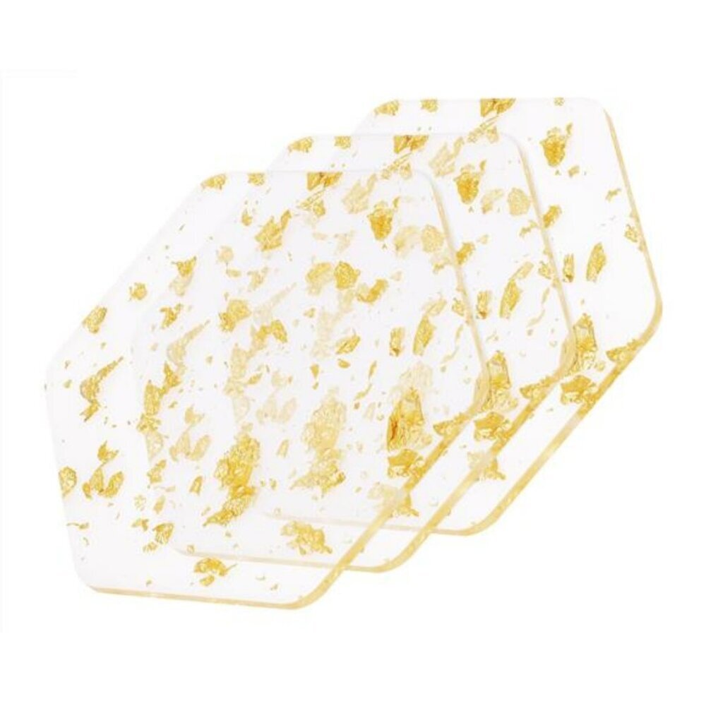 Clear acrylic hexagon drink coasters set of 3 gold foil cup mat for coffee table